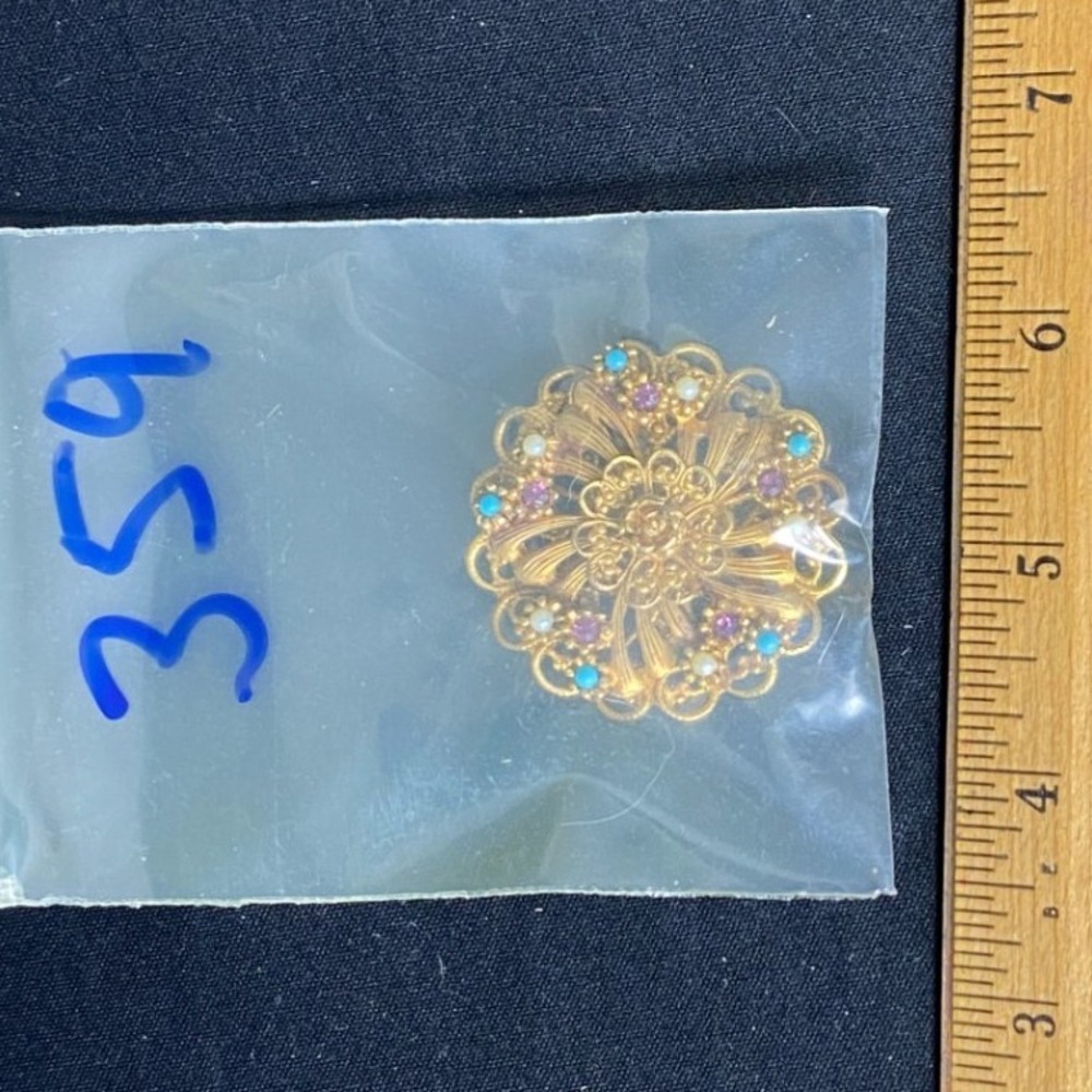 Vintage Filigree Flower Brooch Rhinestone Accent Gold Tone Women Jewelry